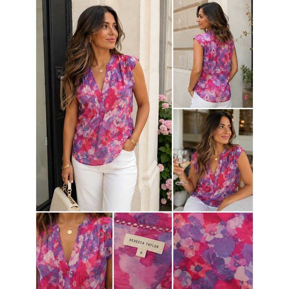 Rebecca Taylor 100% Silk Floral Blouse Pink Purple Sheer Feminine Top 6